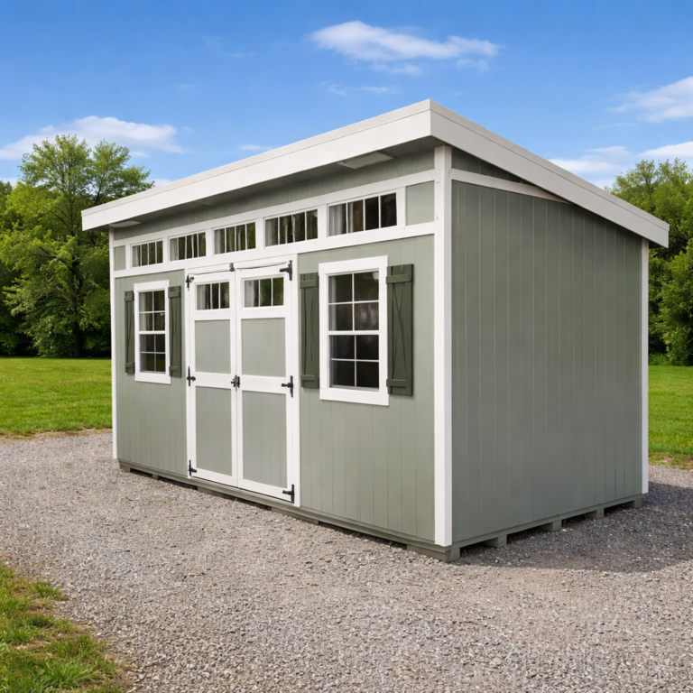 Light green with white trim spring storage building